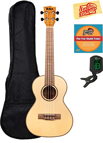 Kala KA-FMTG Solid Spruce Flame Maple Tenor Ukulele Bundle with Gig Bag, Tuner, Austin Bazaar Instructional DVD, and Polishing Cloth