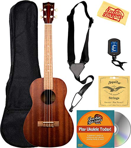 Kala MK-T Makala Tenor Ukulele Bundle with Gig Bag, Tuner, Strap, Aquila Strings, Online Lessons, Austin Bazaar Instructional DVD, and Polishing Cloth