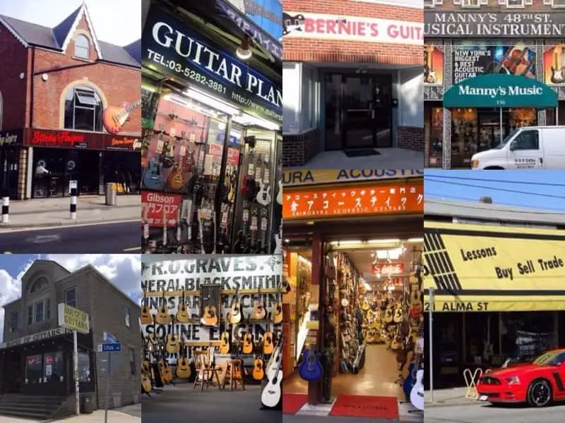 Collage of guitar stores