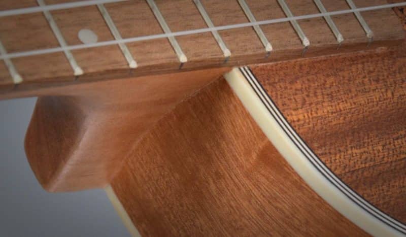 Hricane ukulele - fretboard and neck joint closeup