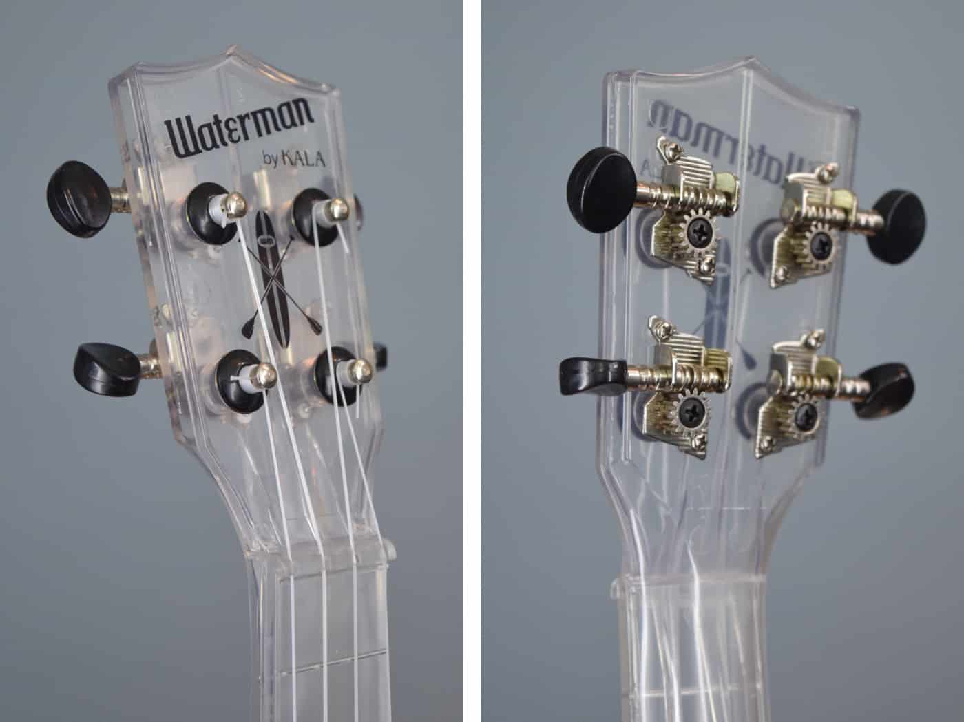 Kala Waterman Clear Ukulele - Headstock Front and Back with Tuners