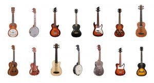 Collage of different types of ukuleles
